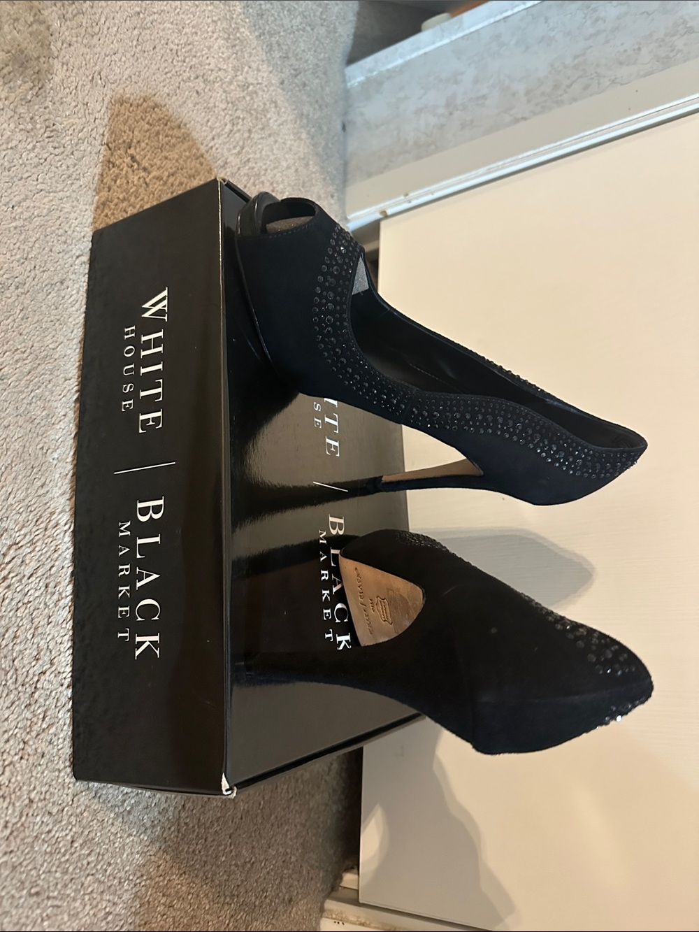 White House Black Market Black Suede Pointed Toe Crystal Detail Pumps